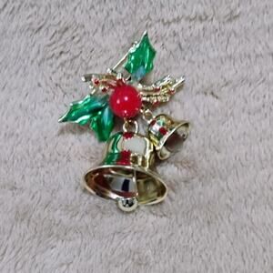Christmas Jingle Bell Holly Berry Brooch Pin
